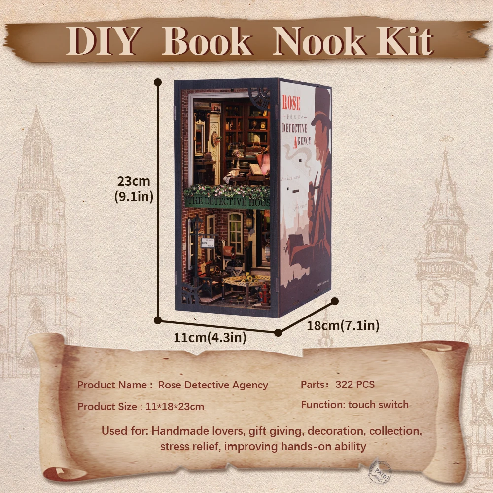 CUTEBEE Book Nook Miniature Doll House Kit Bookshelf Insert With Touch Light Dust Cover DIY Booknook Gifts Rose Detective Agency images - 6