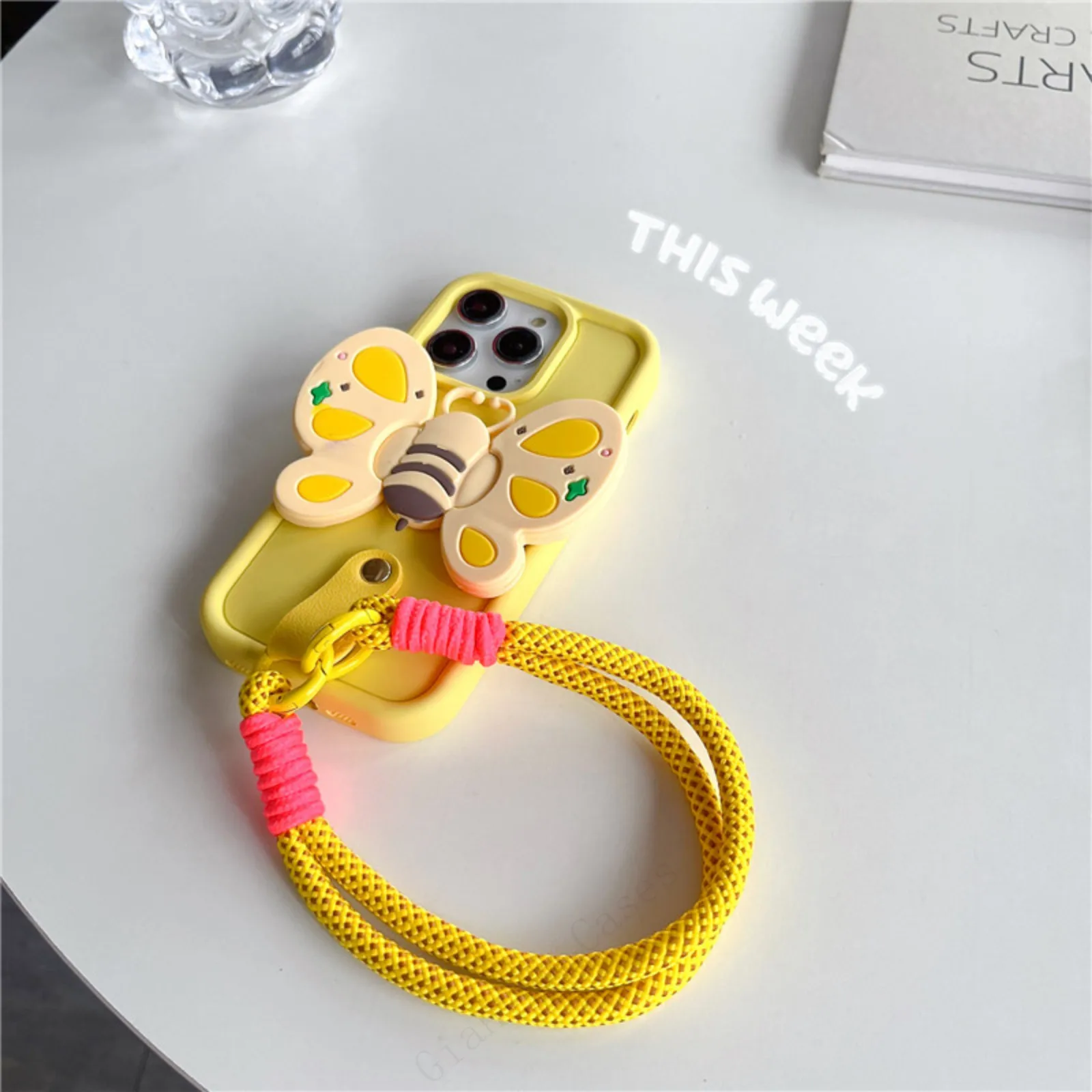 3D Cute Bee Butterfly Anti-lost Lanyard Chain Strap Holder Phone Case For iphone 15 14 X XR XS 1113 Pro Max 12 Pro 7 8 Plus Gift