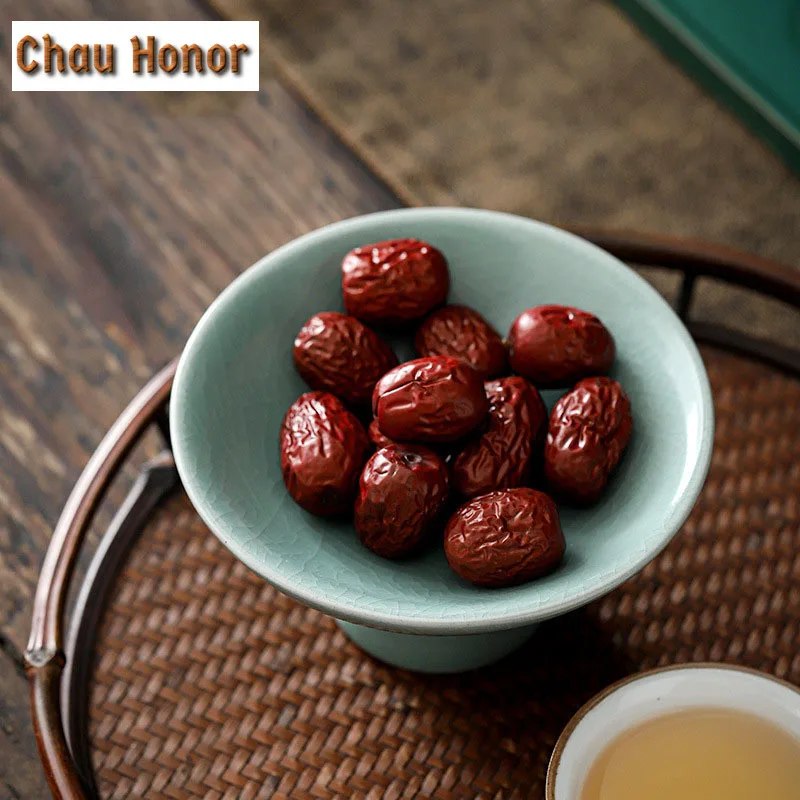 Japanese Style Turquoise Coarse Ceramic Home Creative Snack Plate Tall Foot Fruit Plate Tea Ceremony Accessories Decoration Gift