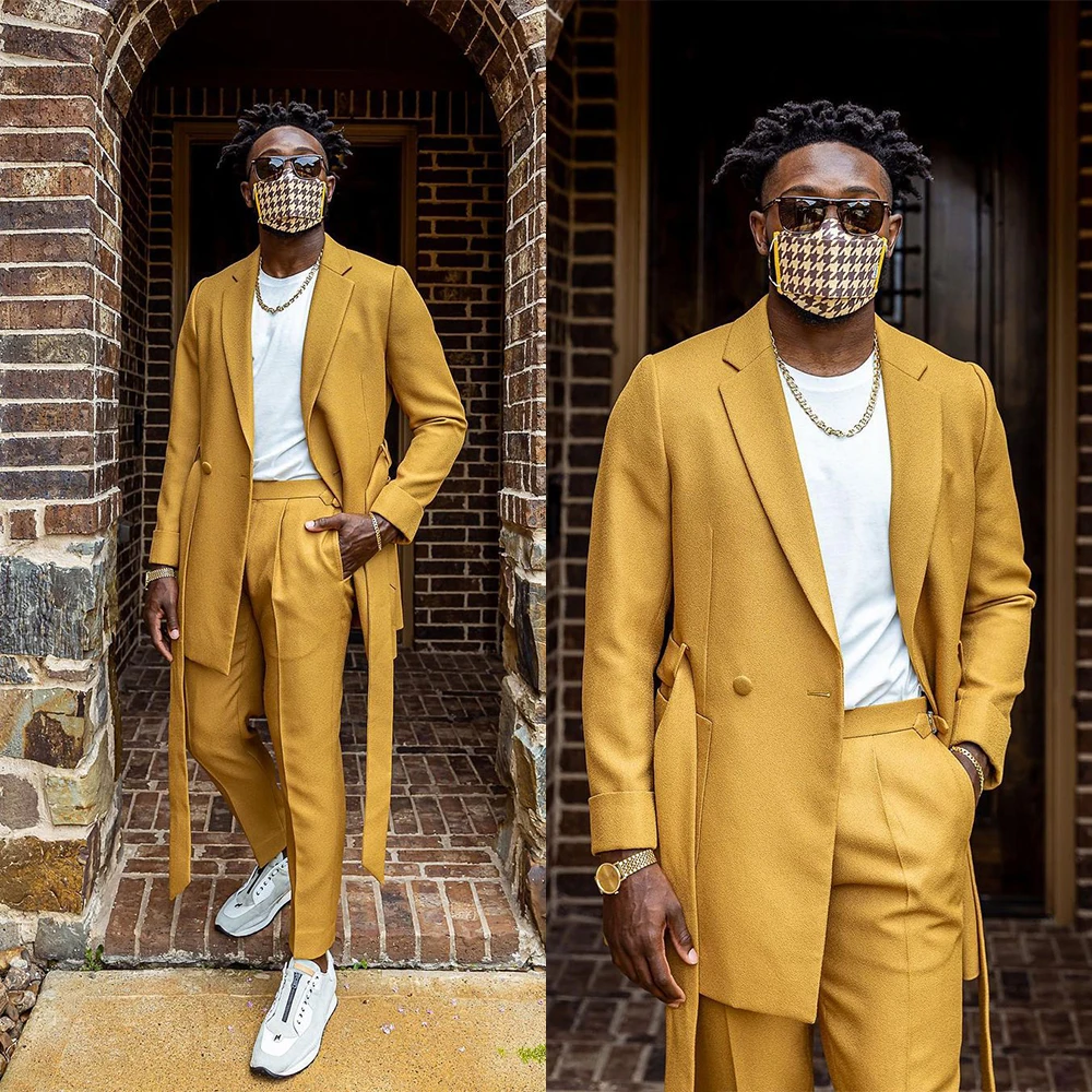 

Autumn Men's Wedding Suits Notch Lapel Long Coat Solid Color Tuxedos Slim Fit Party Business Groom Wear 2 Pcs Coat Pants