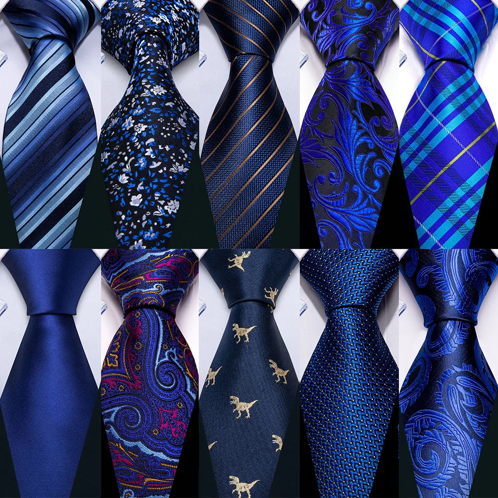 Klassische dunkelblaue Seidenkrawatte für Männer mit Einstecktuch-Manschettenknöpfen-Sets, Designer-Anzugskrawatten mit Blumenmuster, formelle Party, Barry.Wang 5035