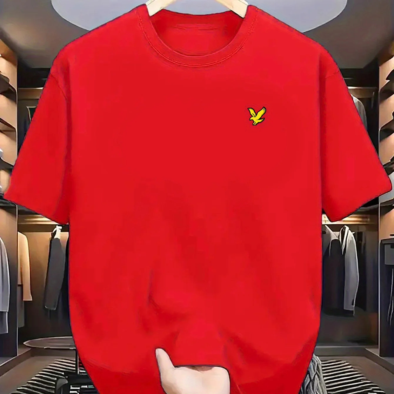 Yaz erkek %100 pamuk spor rahat moda gevşek büyük boy kartal logosu baskılı yuvarlak boyun kısa kollu tişört üst