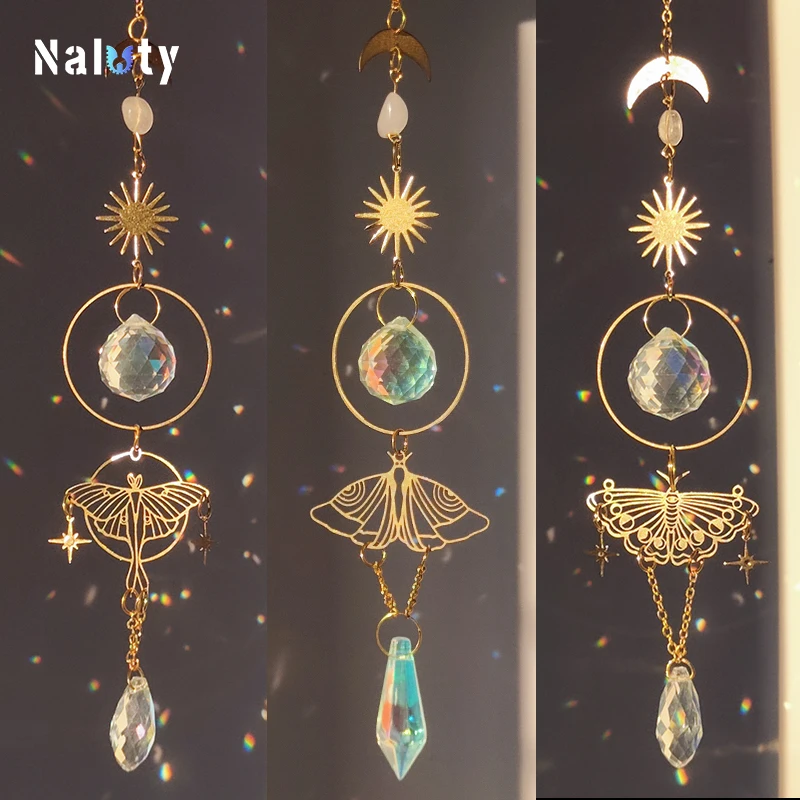 Gorgeous Golden Butterfly Crystal Pendant Garden Suncatcher Rainbow Prism Wind Chimes for Home Window Holiday Party Decoration