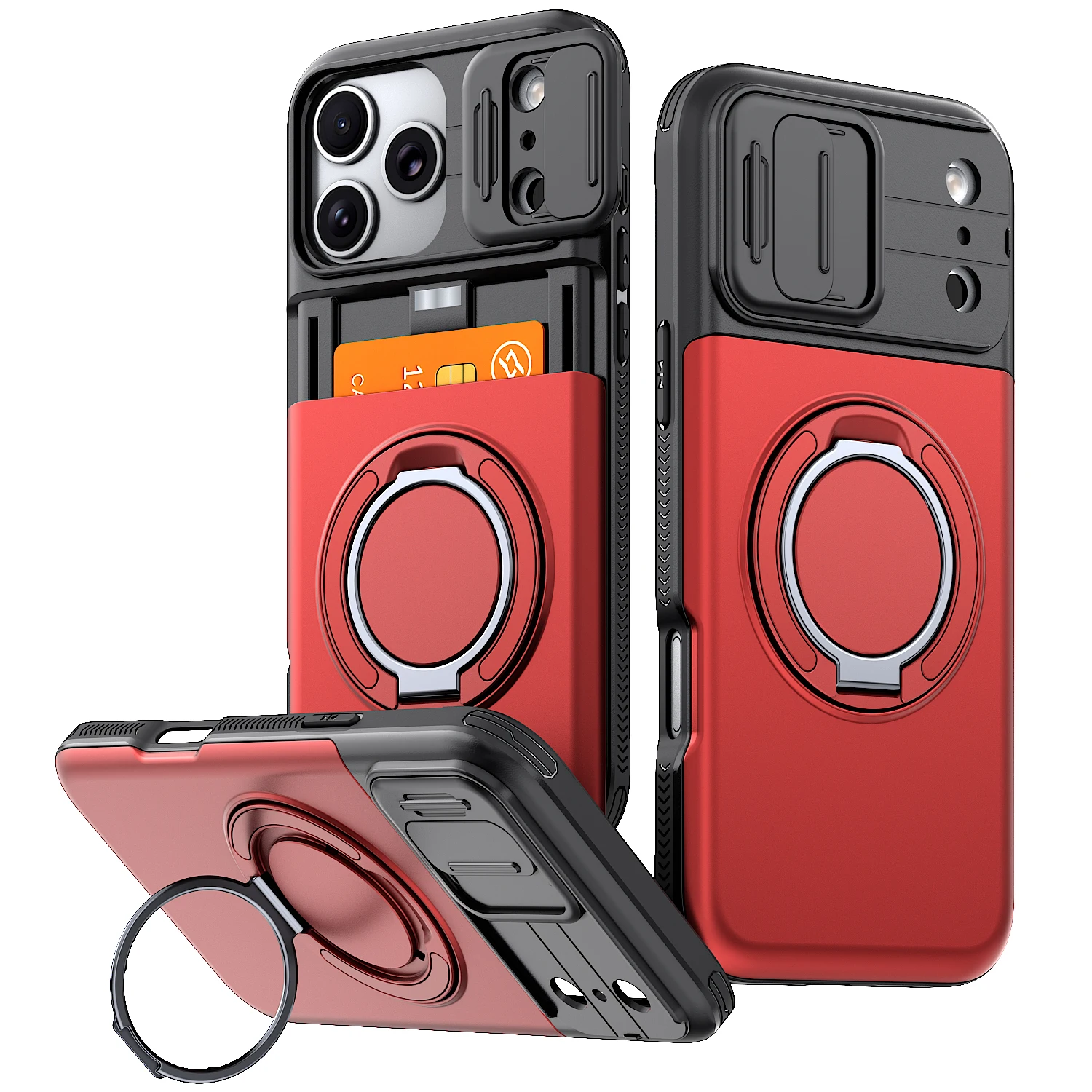 Enhanced Armor Case with Slide Camera Protector, Magnetic Ring Holder, and Card Cover