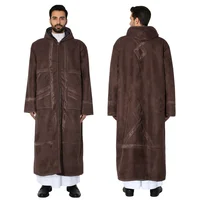 Winter Thickened Suede Velvet Men's Muslim Robe Bisht Coat for Prayer Warm Cardigan Eid Djellaba Islam Jubba Thobe Hooded Abaya