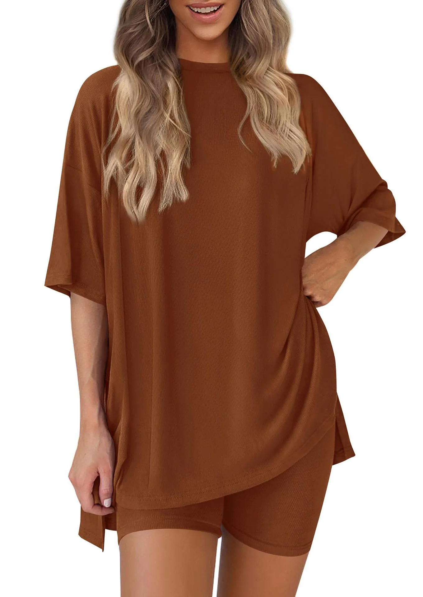 2026 Damen Oversize Zweiteiler Sommer Lässiges Lockeres T-Shirt und Biker-Shorts Set Loungewear – Detail 27