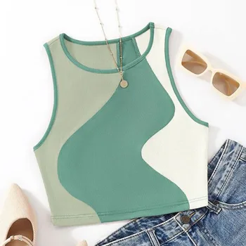 Women's Heart Print Sleeveless Round Neck Rib Knit Crop Tank Top Splicing Colors Crop Top Backless Top Y2k Sexy Vest Summer 2024