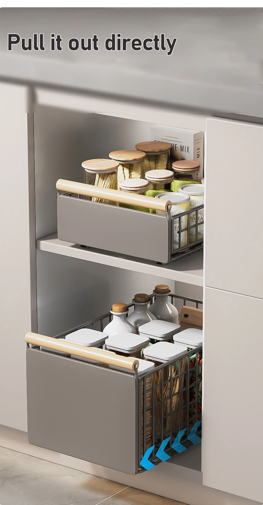 Foldable Pull Out Cabinet Organizer With Wooden Handle Kitchen Storage Sliding Drawer Spice Jars Storage Rack Kitchen Organizer