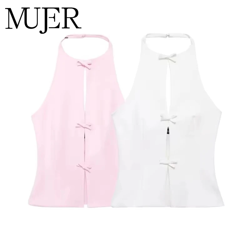 MUJER 2025 オフショルダーホルターネックトップ ピンク ホワイト クロップトップ レディース リボン カットアウト ノースリーブ バックレス トップ セクシー サマートップ