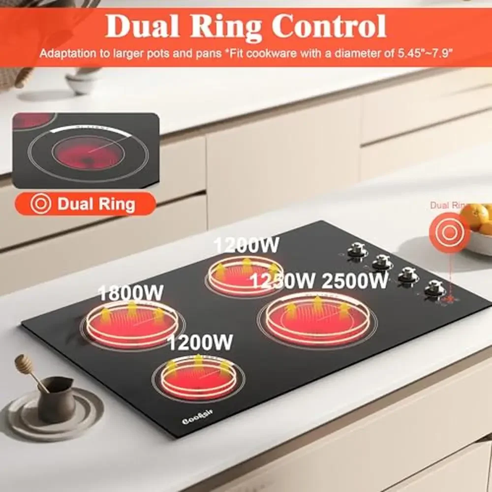 30" Electric Ceramic Cooktop 4 Burner Built-in Stove Top Touch Knob Control 6700W Child Lock 5
