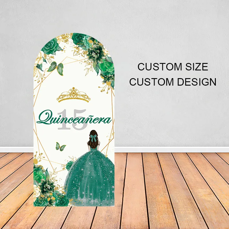 

Mehofond Quinceanera 15th Princess Arched Backdrop for Birthday Party Girl Glitter Crown Flowers Green Dress Photo Background