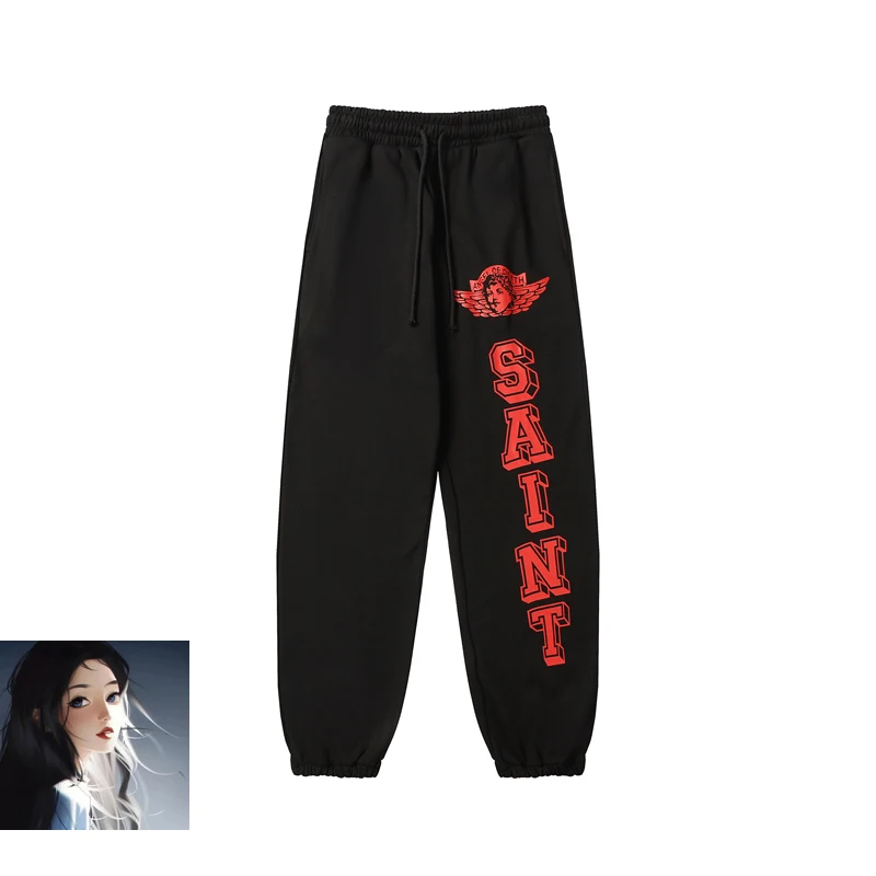 High Quality Saint Michael Print Logo Angel Pattern Track Pant Men Women Kanye West Sweatpants Jogger Trousers Drawstring Pants