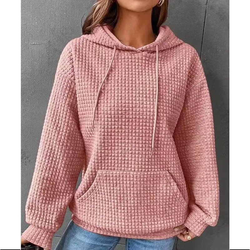 2023 Autumn Winter New Solid Color Hooded Drawstring Long Sleeve Sweatshirt Women Fashion Pocket All-match Waffler Pullovers