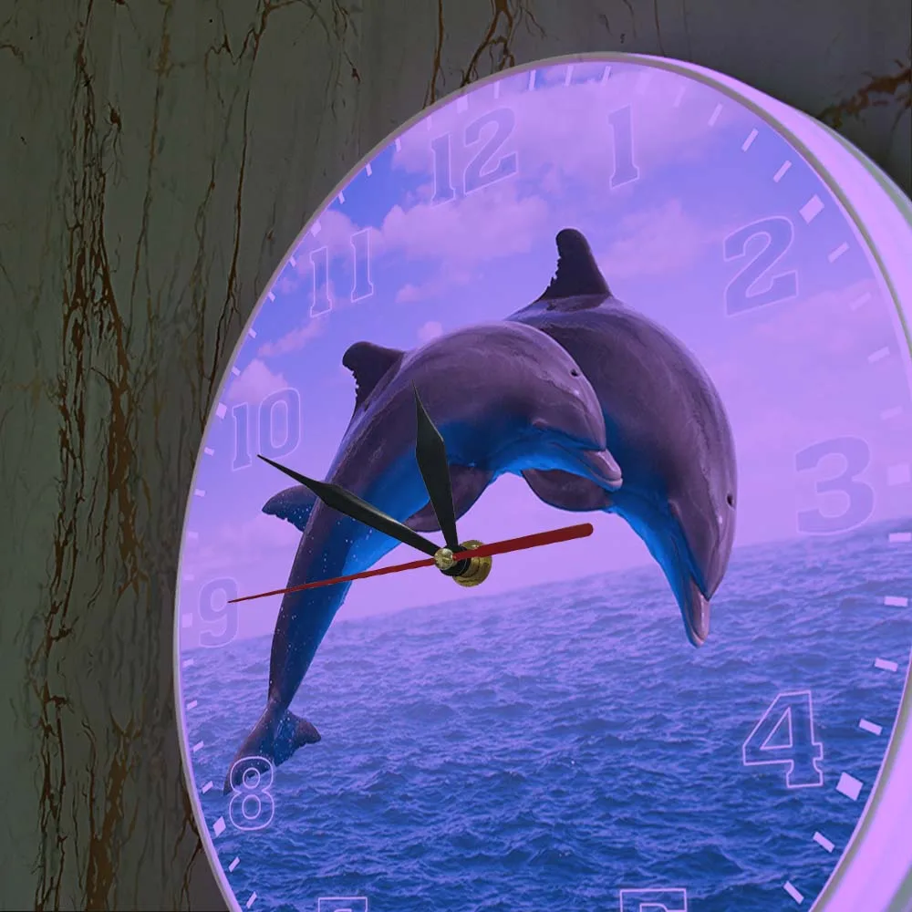 Two Jumping Dolphins Seascape Blue Wall Clock Deep Ocean Waters With Porpoise Silent Movement Wall Watch Sea Animals Wall Art 5