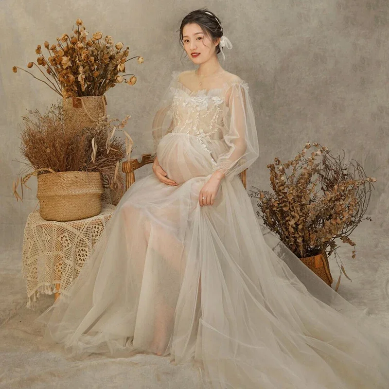 

Photography Props Maternity Dresses for Photo Shoots Pregnancy Pregnant Mesh Perspective Korean Dress Studio Photo Prop Costume