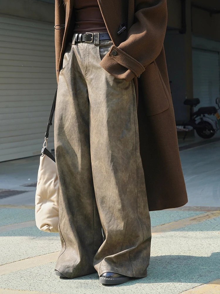 [LANMREM] Vintage High Waist Pu Leather Pants For Women Wide Leg Trousers Streetwear Clothing Female 2023 Winter New 26D7603