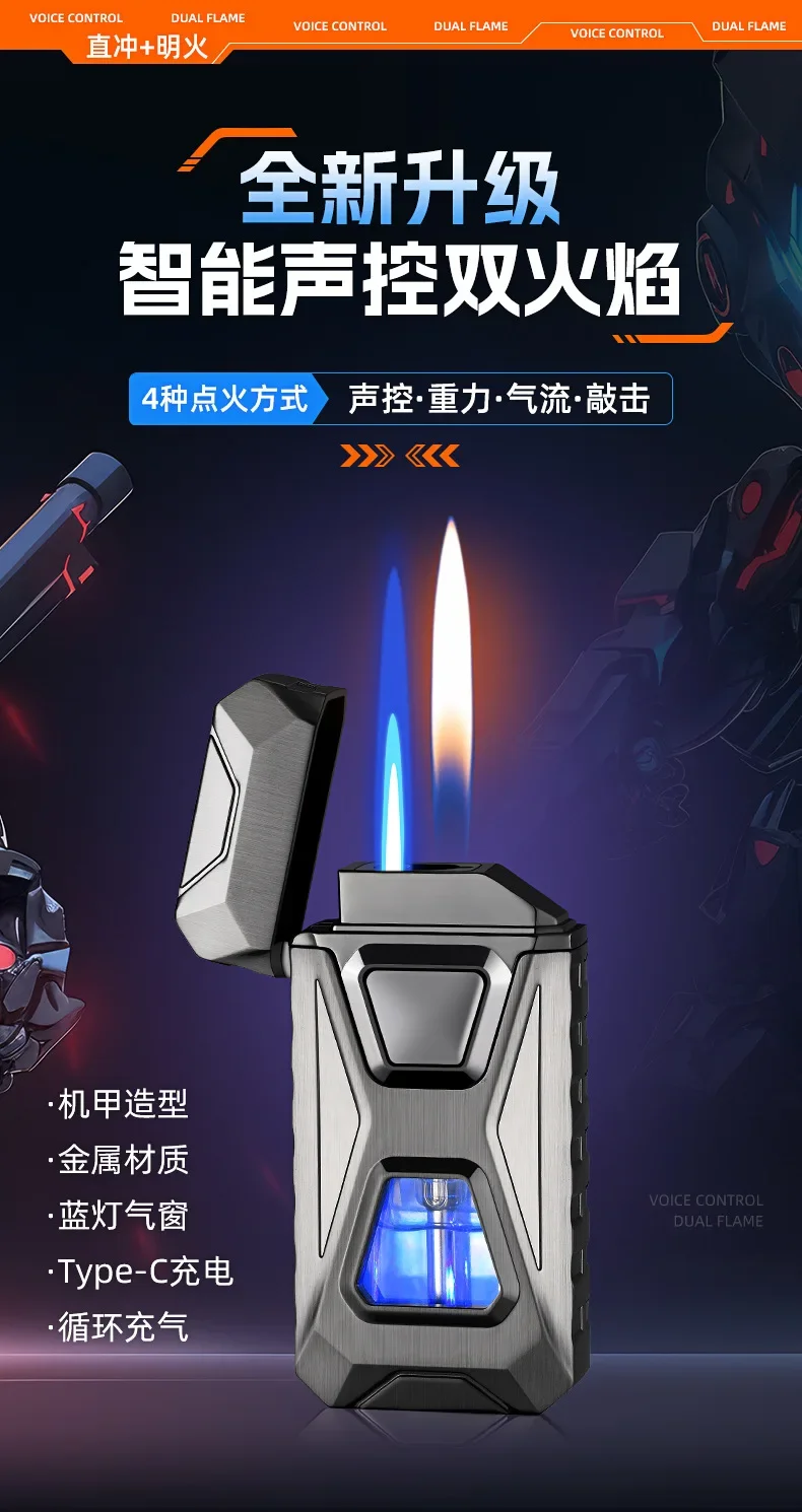 Description Picture 2 of itemHOT Voice Controlled Ignition Dual Flame Butane Gas Lighter Open Fire Switching Jet Fire Visual Gas Window USB Electric Lighters