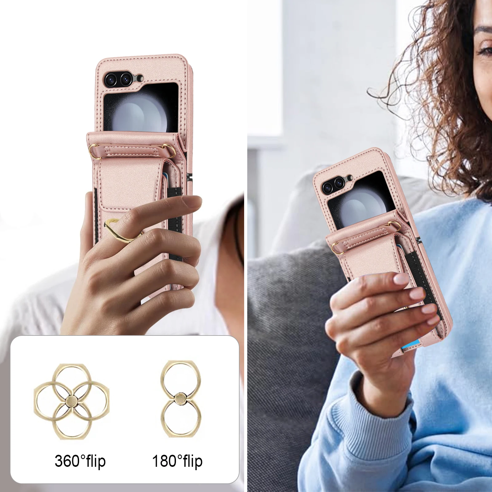 Elastična kožna futrola za prstenje s karticama za Samsung Galaxy Z Flip 6 5 4 3 5G Flip6 Flip5, vertikalna torba s vrpcom_voghion.com