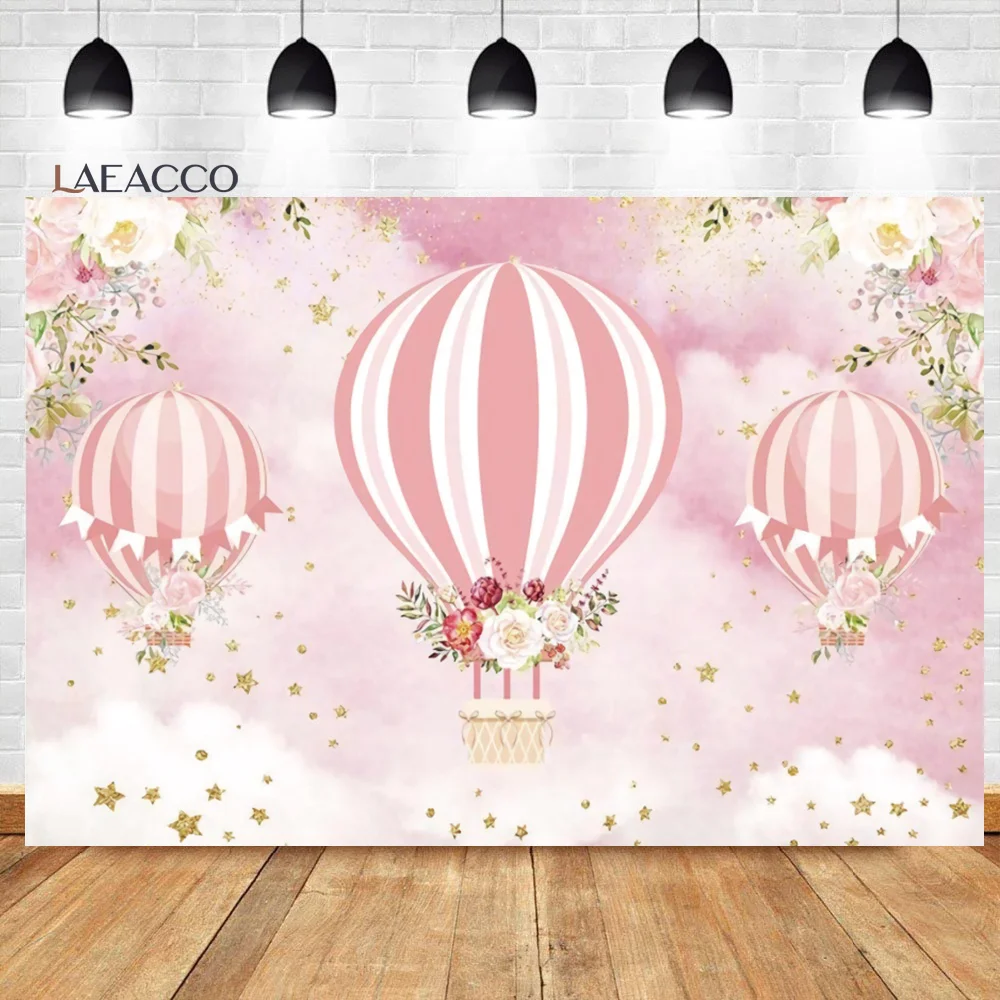 Laeacco Birthday Backdrop Blue Sky White Clouds Hot Air Balloons Stars Kids Newborn Photocall Baby Shower Photography Background
