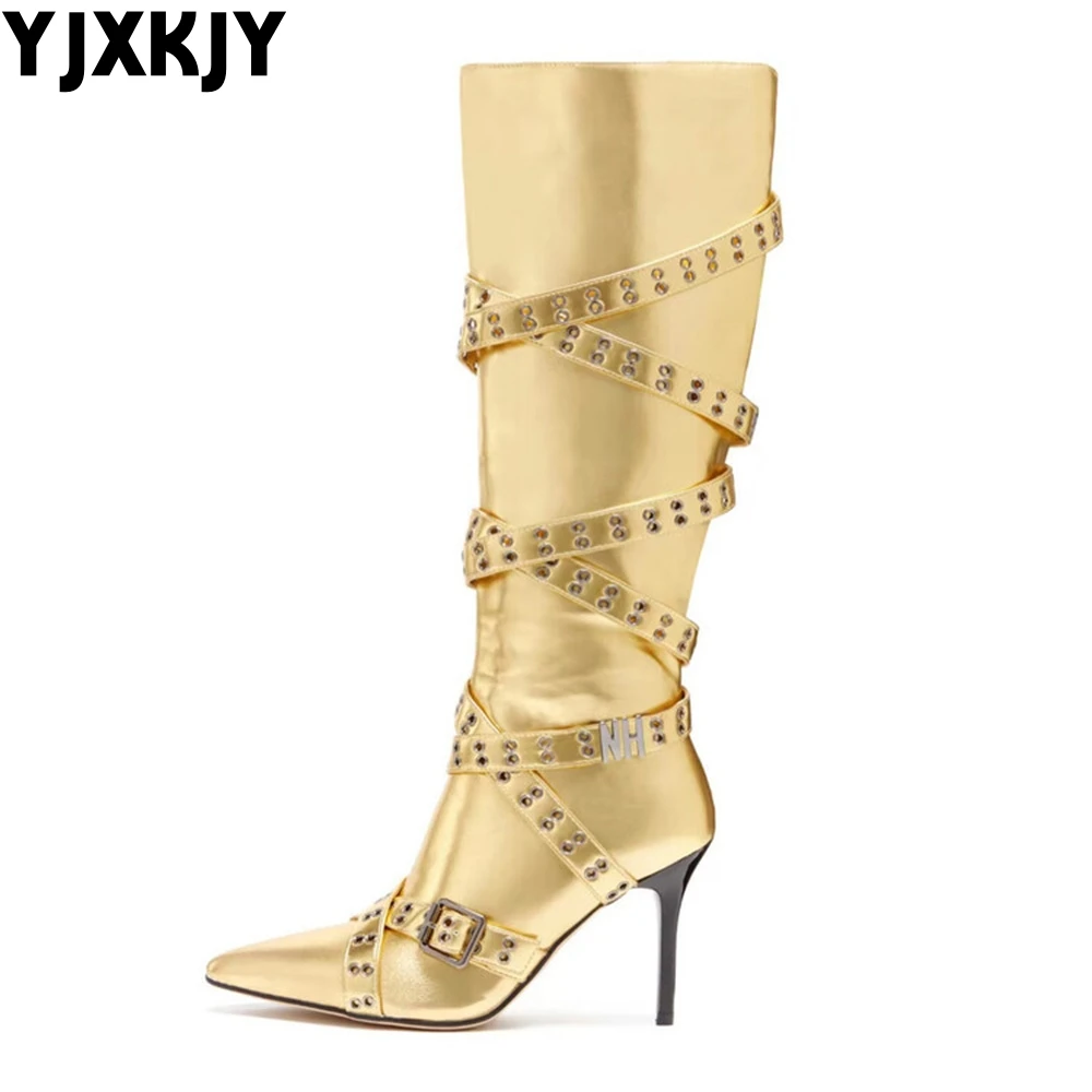 

YJXKJY Woman Boots Fashion Sexy Slim Pointed Toe Stilettos Heels Vintage Rivet Metal Belt Buckle Zipper Knee High Boots For Lady