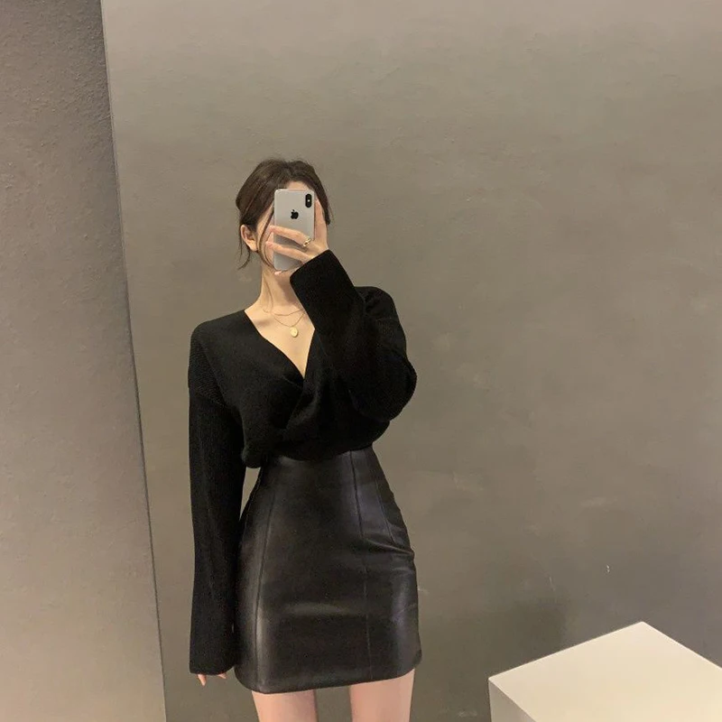 S0b1f35316ac54385a2f7990e7c468e39i Black Sweaters Women Korean Irregular V Neck Knitted Pullovers Office Lady Elegant Knitwear Autumn Winter Solid Jumpers Mallzona