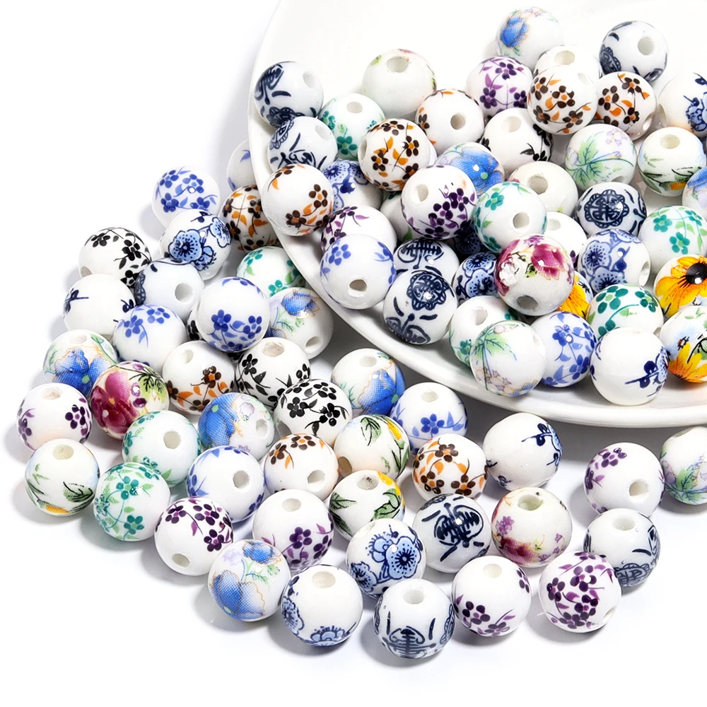 Handmade Blue and White Ceramic Flower Beads – 50Pcs Set