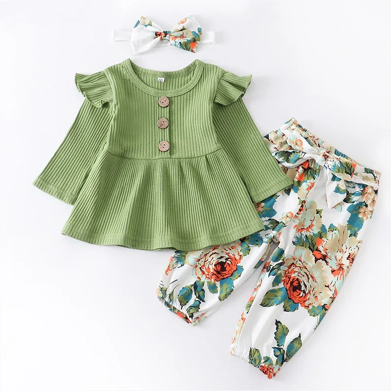 

Newborn Baby Girls Spring Autumn Fashion Clothes Cotton Green Ruffles Long Sleeve + Flowers Pants +Headband Infant Clothing Suit