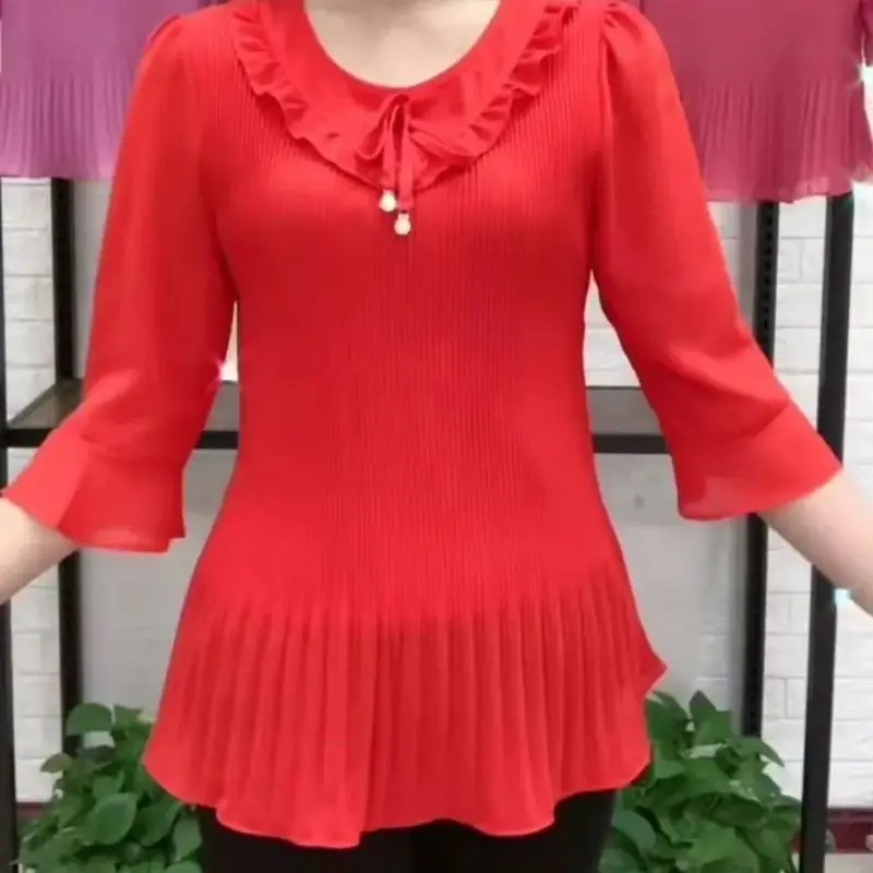 Female Clothing Solid Color Slim Blouse Fashion Bow Pleated Spring Summer 3/4 Sleeve Casual O-Neck All-match Patchwork Shirt New