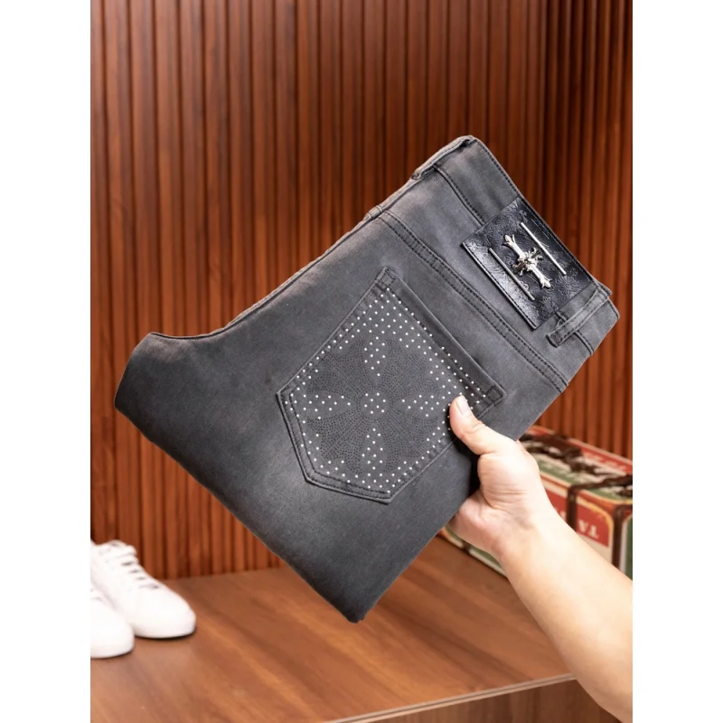 2024 new high-end printed jeans men's casual street trend fashion stretch slim-fitting small straight pants