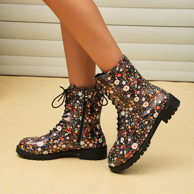 Shoes Female 2023 Hot Sale Lace Up Women Boots Winter Round Toe Mixed Colors Middle Barrel Chunky Heel Large Size Fashion Boots