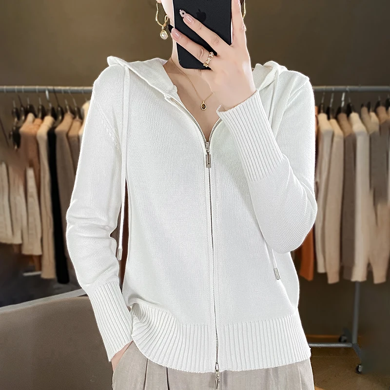 Classic hoodie Women Knitwear 100% All cotton Cardigan Fashion Sweater Long sleeves Double Zipper Style Thick Warm Basics Tops 4