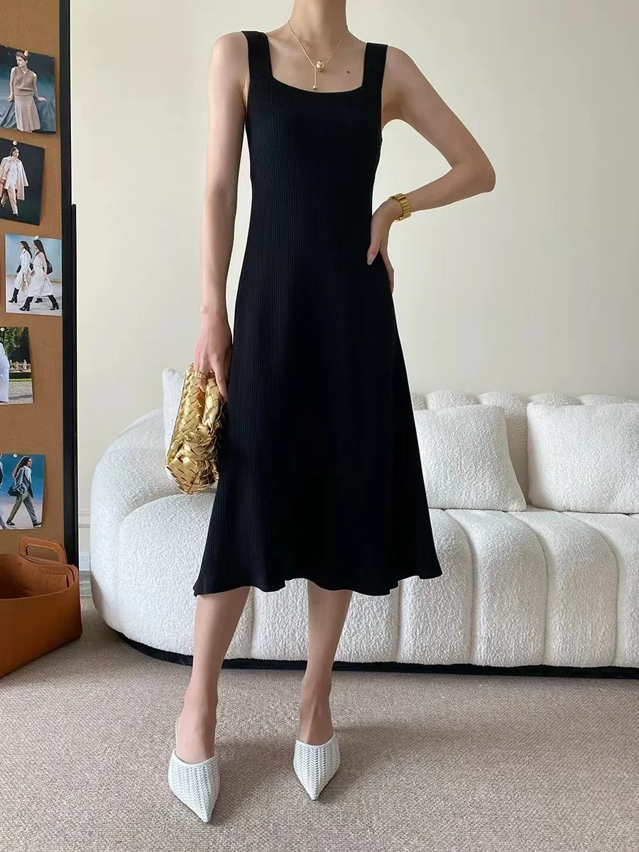 

Temperament Square Neck Wide Shoulder Strap Slim Solid Knit Classic French Hepburn Little Black Dress