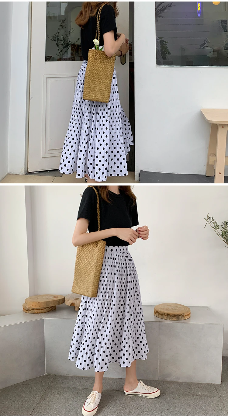 New All-match Elastic Waist Pleated Polka Dot Skirt Mid-length Summer French Retro Style Women's High Waist Slim Skirt skater skirt