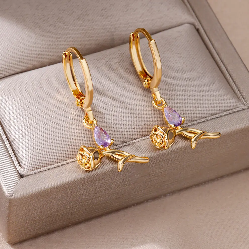 Purple Zircon Rse Flower Earrings For Women