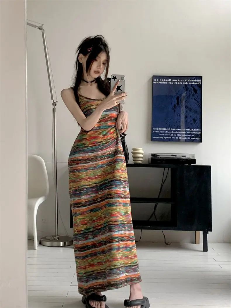 

French Summer Fashion New Design Sense Niche Slim Fit Rainbow Striped Ice Silk Suspender Dress