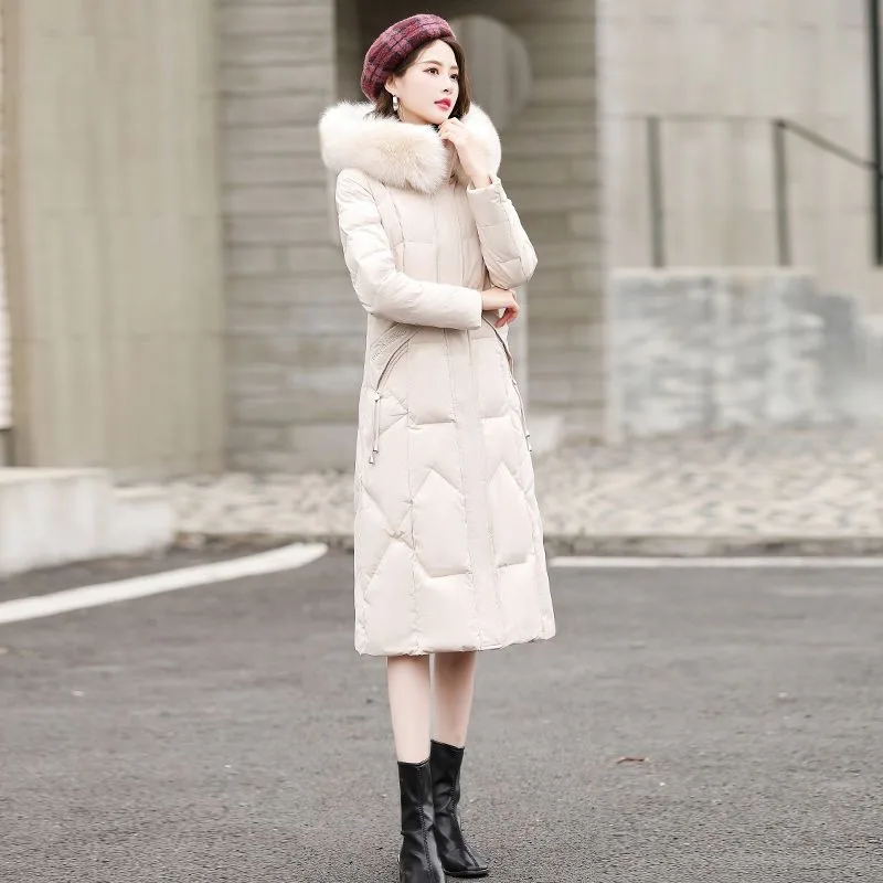 2023 New Women Down Cotton Coat Winter Big Fur Collar Jacket Slimming Parkas Long Outwear Thick Warm Hooded Overcoat