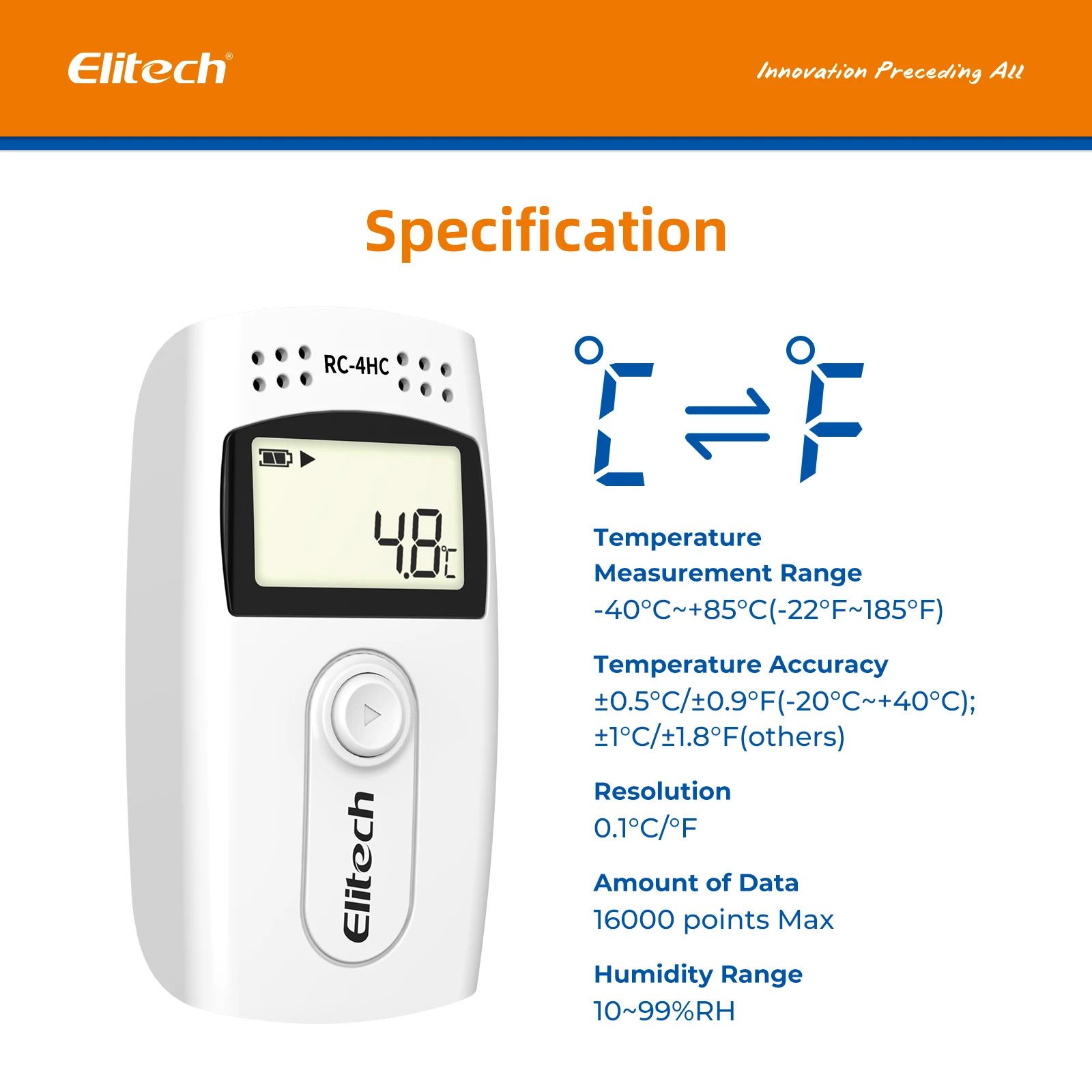 Elitech RC-4HC USB Temperature and Humidity Data Logger 16000 Points Record Capacity PDF Report