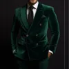 Green Velvet Men Suits Luxury Double Breasted Peak Lapel Regular Length Flat Front Blazer High Quality 2 Piece Jacket Pants 2024 1
