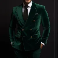 Green Velvet Men Suits Luxury Double Breasted Peak Lapel Regular Length Flat Front Blazer High Quality 2 Piece Jacket Pants 2024 1