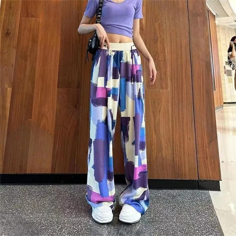2024 Summer New Women's Printed Korean Beachy Loose Elasticized High-waisted Drawstring Fashion Straight Casual Wide Leg Pants