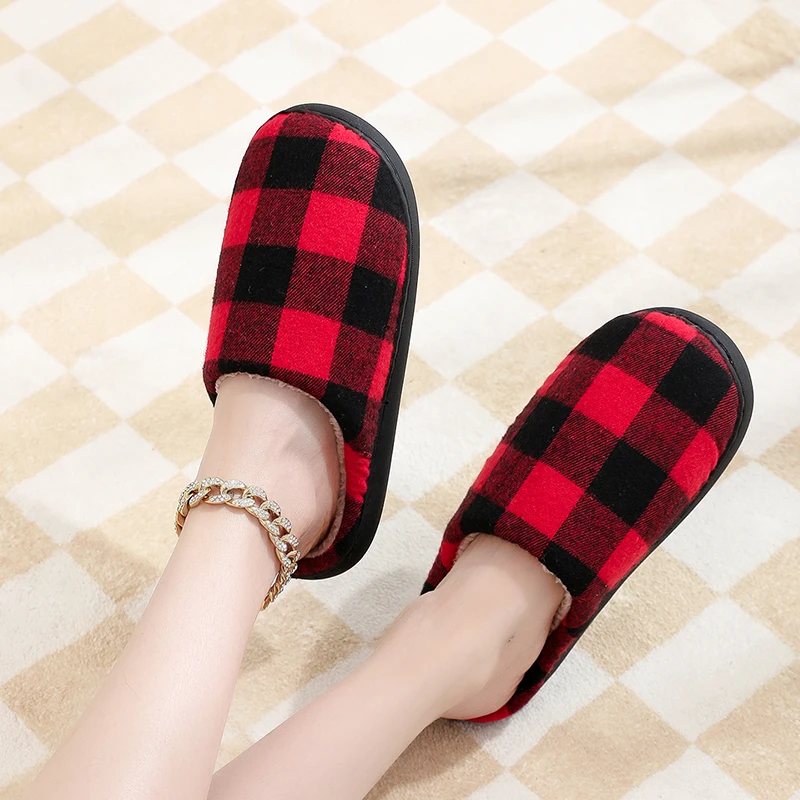 Classic Women Black Red Plaid Cotton Slippers Non-slip Winter Checkered Retro Christmas Gift Indoor Slides Home Cotton Shoes 3