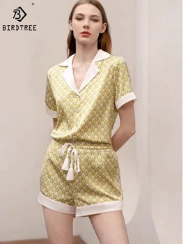 Birdtree 100%Real Silk Pajama Set Geometric Lattice Lapel Short Sleeve Pants Sweet Comfort Loungewear Summer Women S41453QD