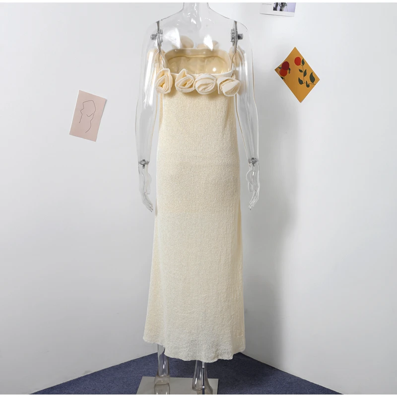 Elegant 3D Flower Tube Dresses Women Vintage Knitted Solid Sleeveless Long Dress Female Summer Autumn Chic Street Party Evening