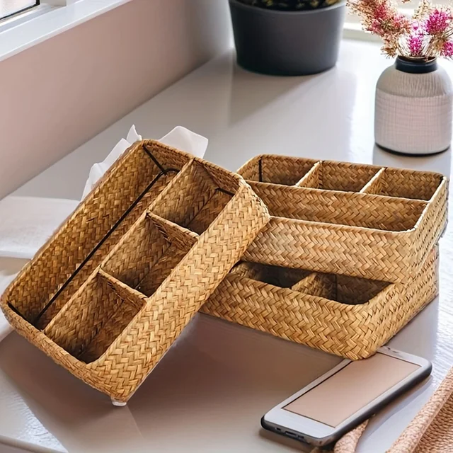 4 Grids Storage Basket Handmade Woven Willow Storage Basket For Clothes Cosmetic Stationery Hairpins Jewelry Accessories 1