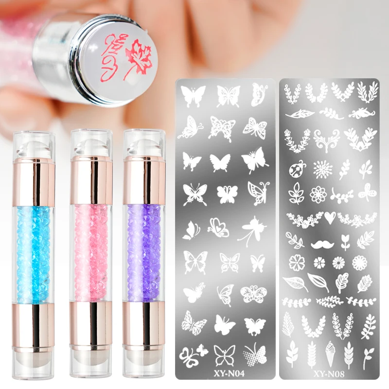 

3pcs/Set Nail Stamping Plate Double Head Silicone Stamper Scraper Crystal Handle Random Template Pen Nail Printing Stencil Tools
