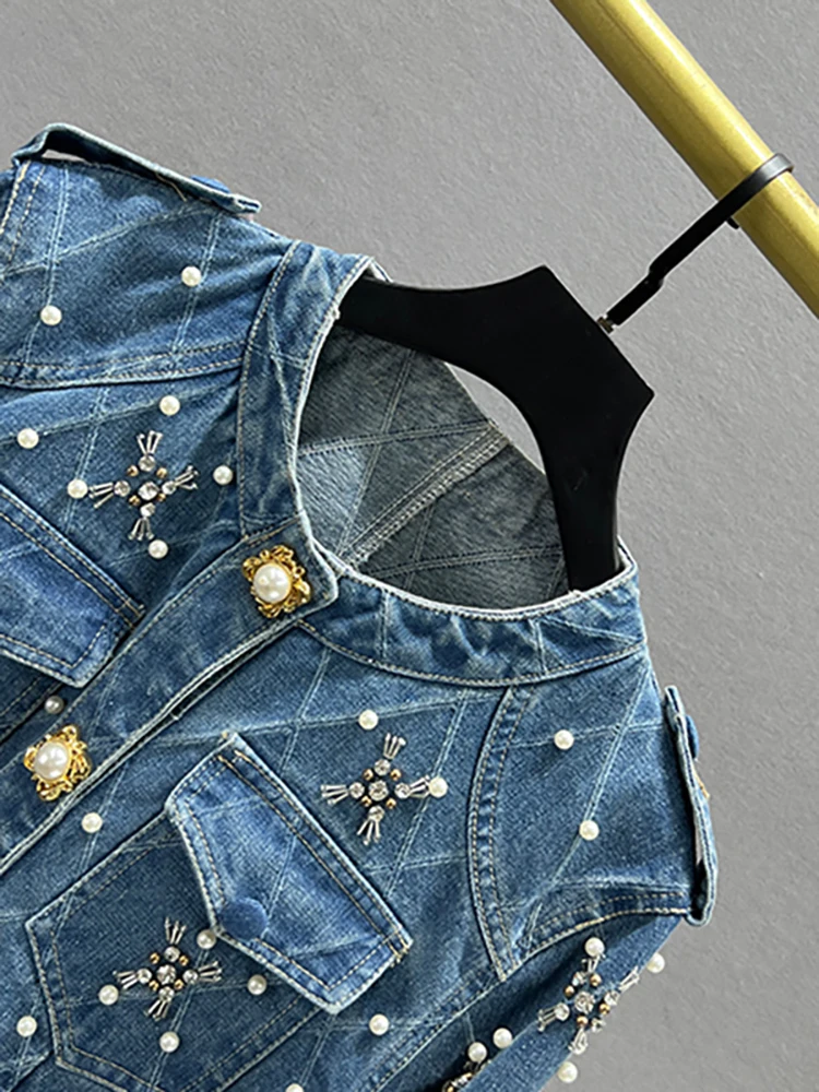 DEAT Women's Denim Jacket O-neck Embroidered Flares Diamond