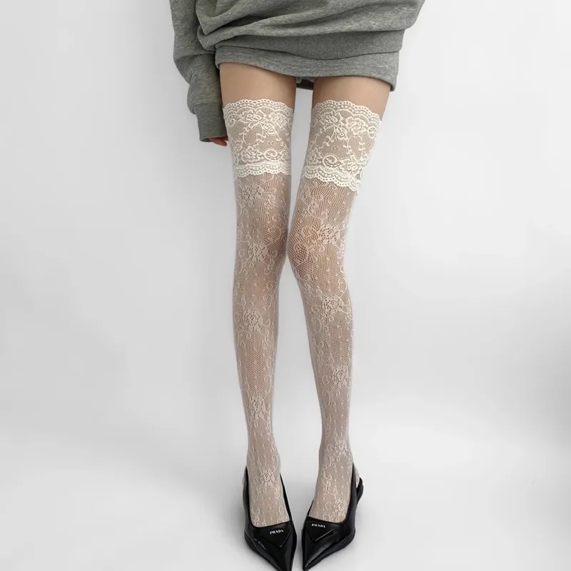Socks Woman Solid Color Thigh High Lace...