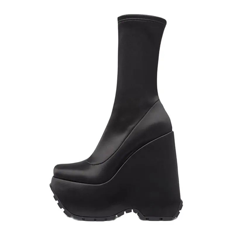

New Arden Furtado 2022 Women's wedges Boots Flat Platform Shoes square Toe strange style Heels Short ankle Boots stretch boots