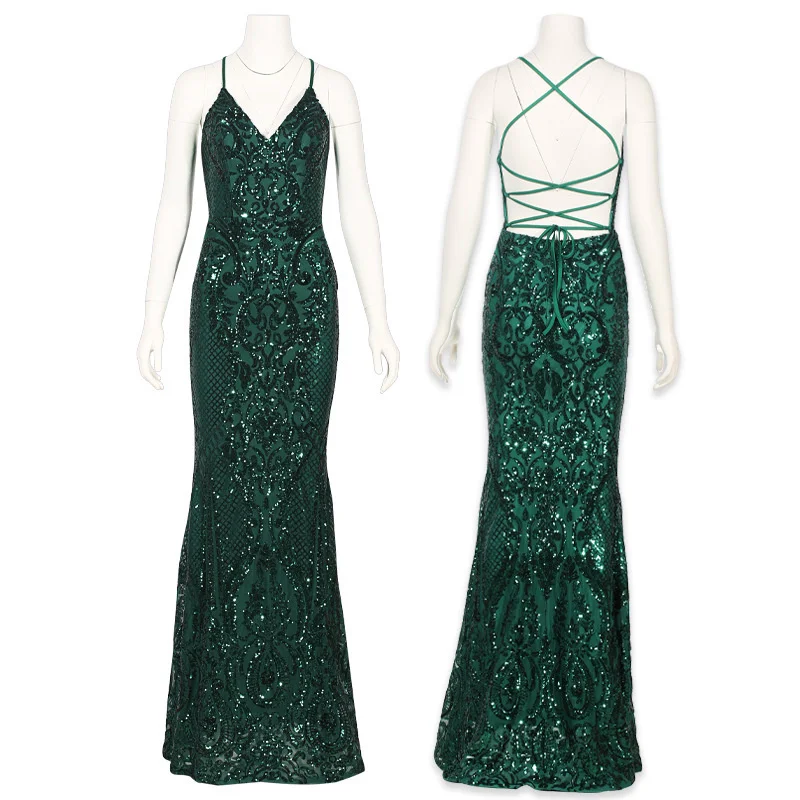 

Sexy Women Slim Sequins Suspender Dress Glitter Backless Lace-up Side Split Vestidos Fashion Chic Party Evening Dresswear