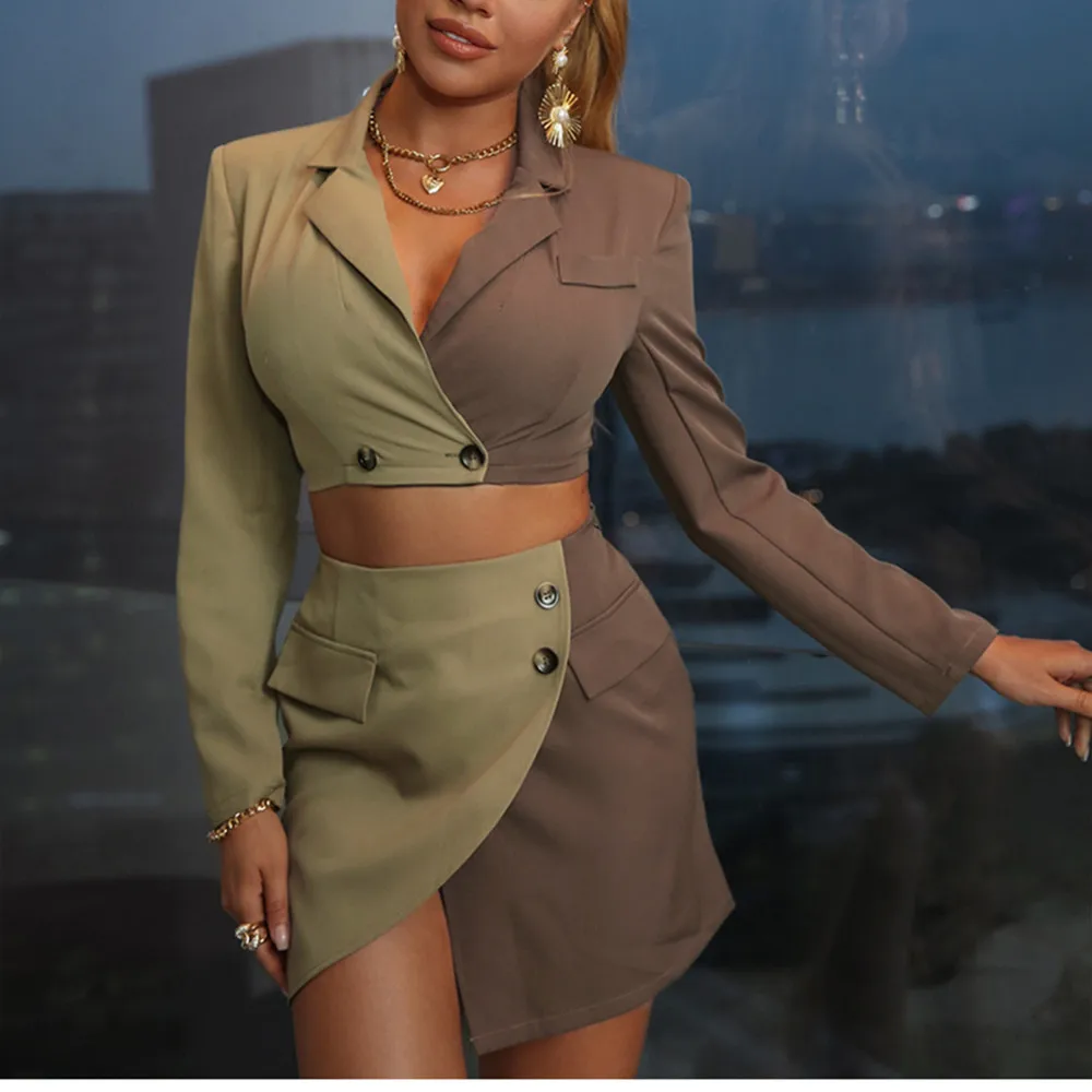 

Glamaker Sexy Patchwork 2 Piece Sets Autumn Irregular Design Crop Top And A-line Skirt Women's Elegant Sets Blazer Suits Winter